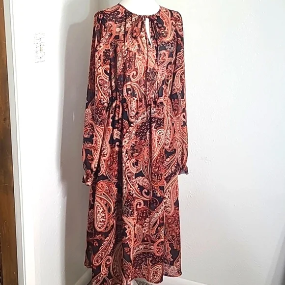 Shein Rust & Black Paisley Midi-Dress, Wide Belt, Bishop Sleeves Sz 12,XL, NWOT - Picture 5 of 13